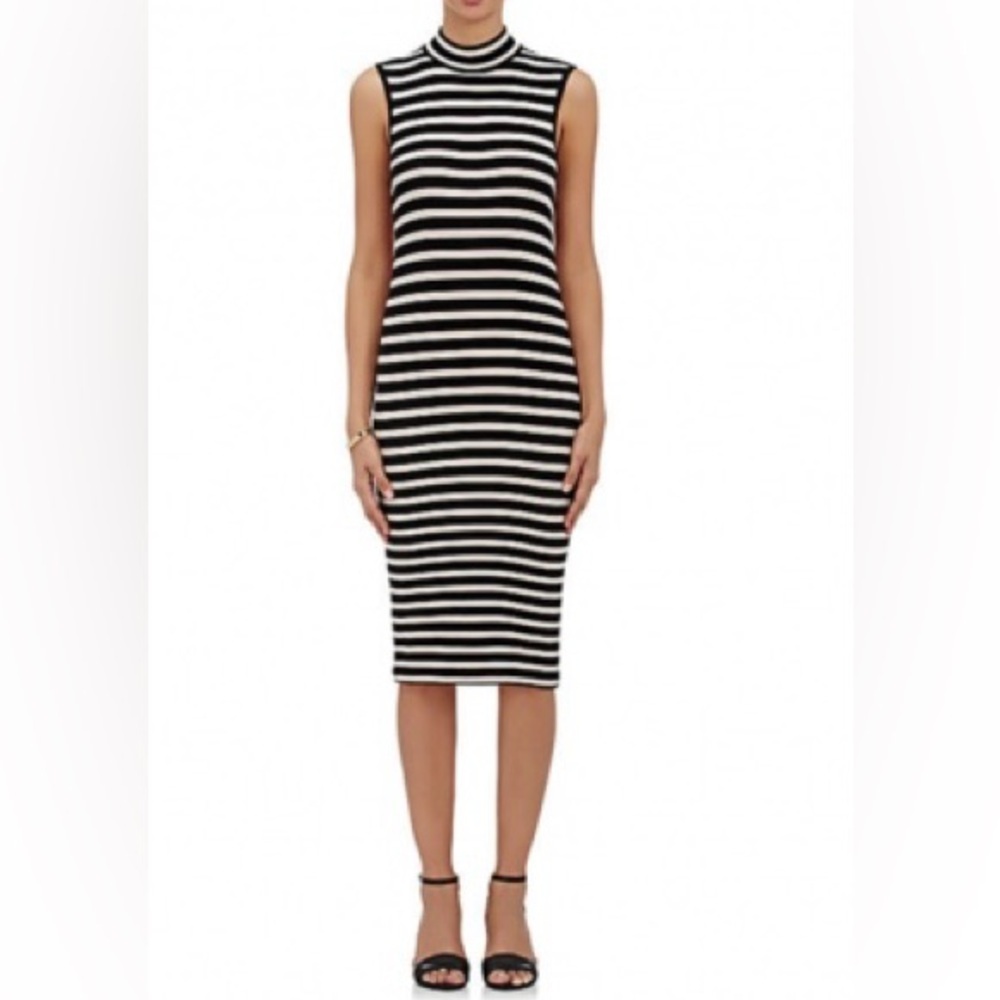 NWT Arden B MockNeck B/W Striped Bodycon Midi w/keyhole back, gold buttons, XS